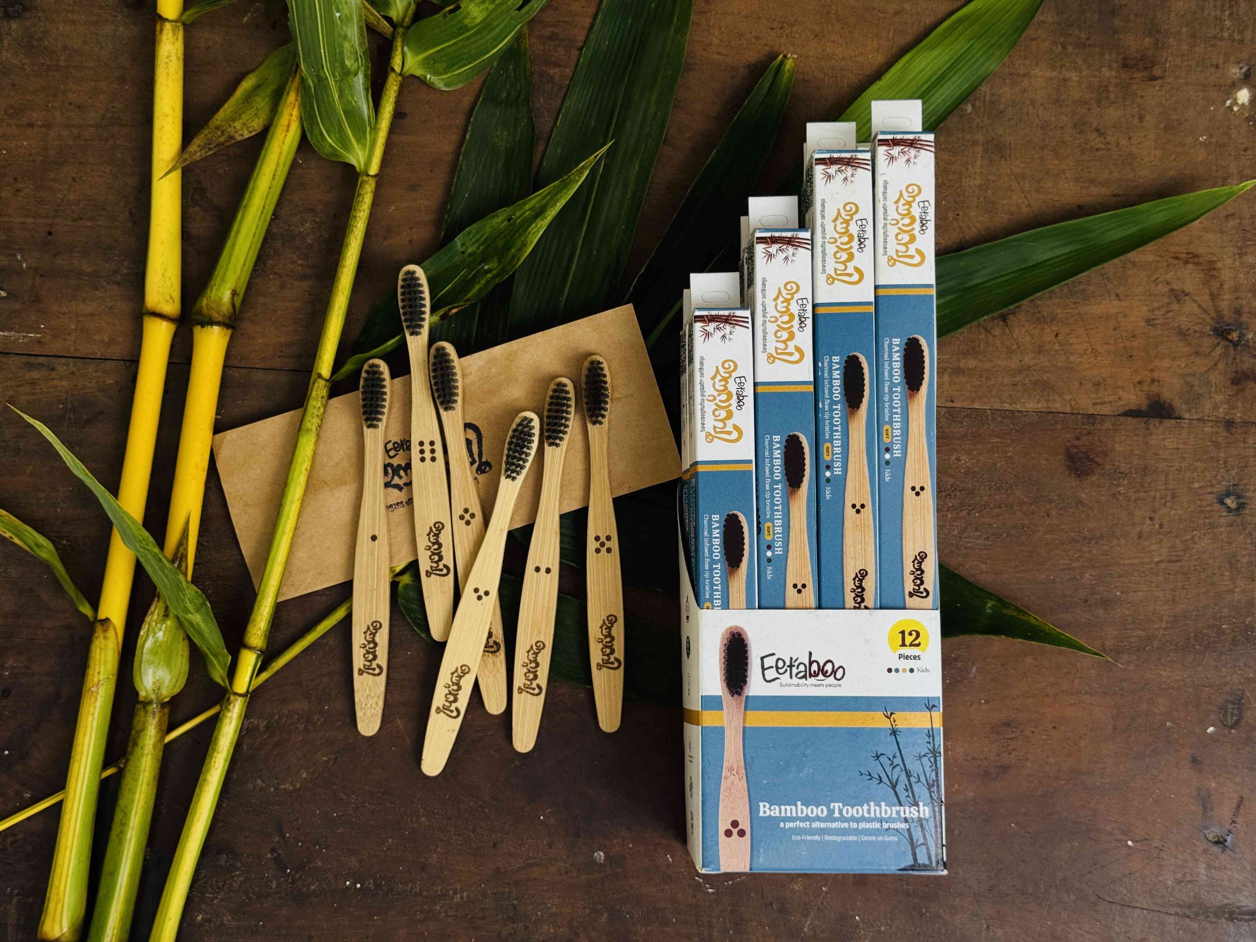 EETABOO Kids Bamboo Toothbrush | Charcoal Activated Soft Bristles | Toxin-Free | Pack of 12