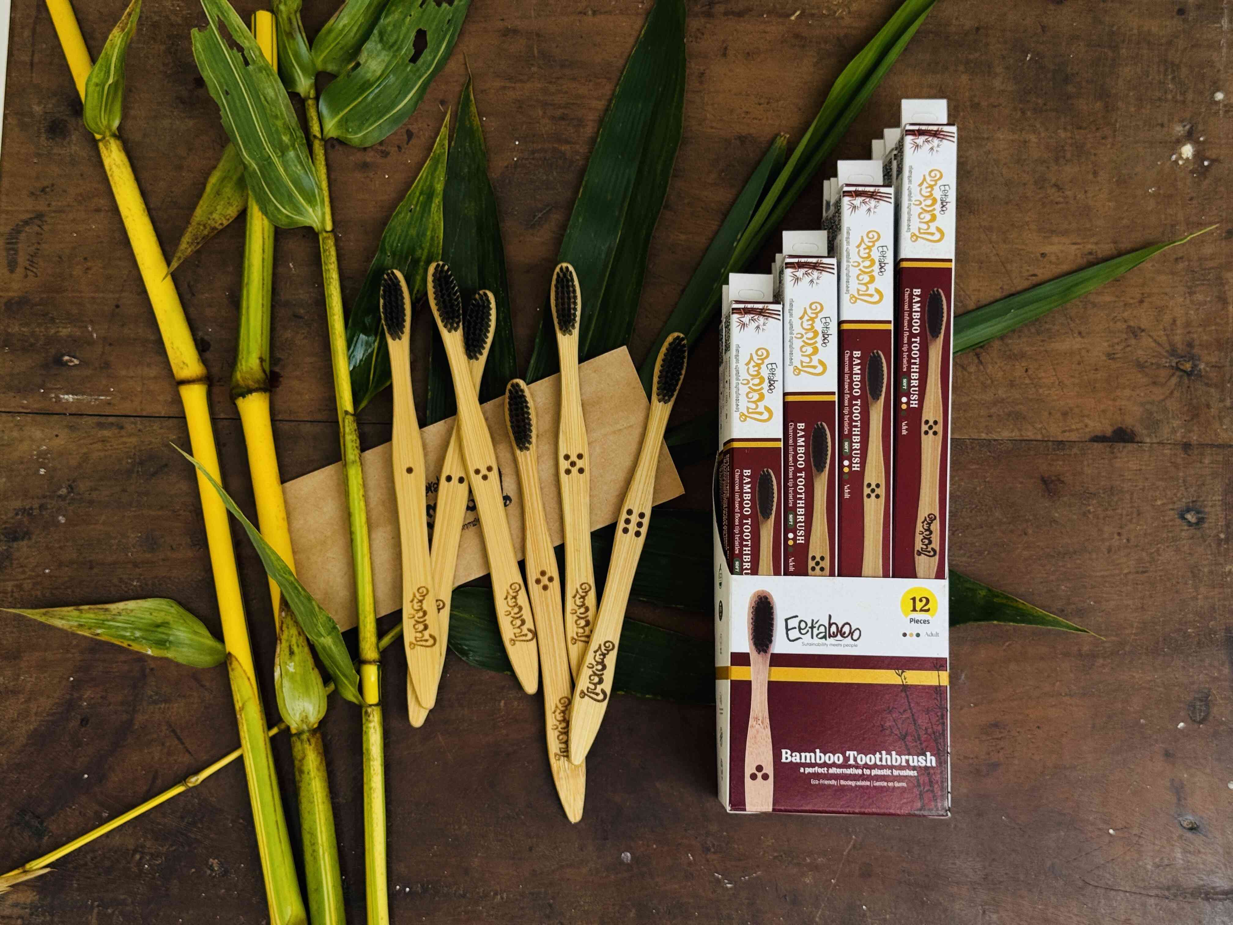 EETABOO Bamboo Toothbrush | Charcoal Activated Soft Bristles | For Adults | Pack of 12